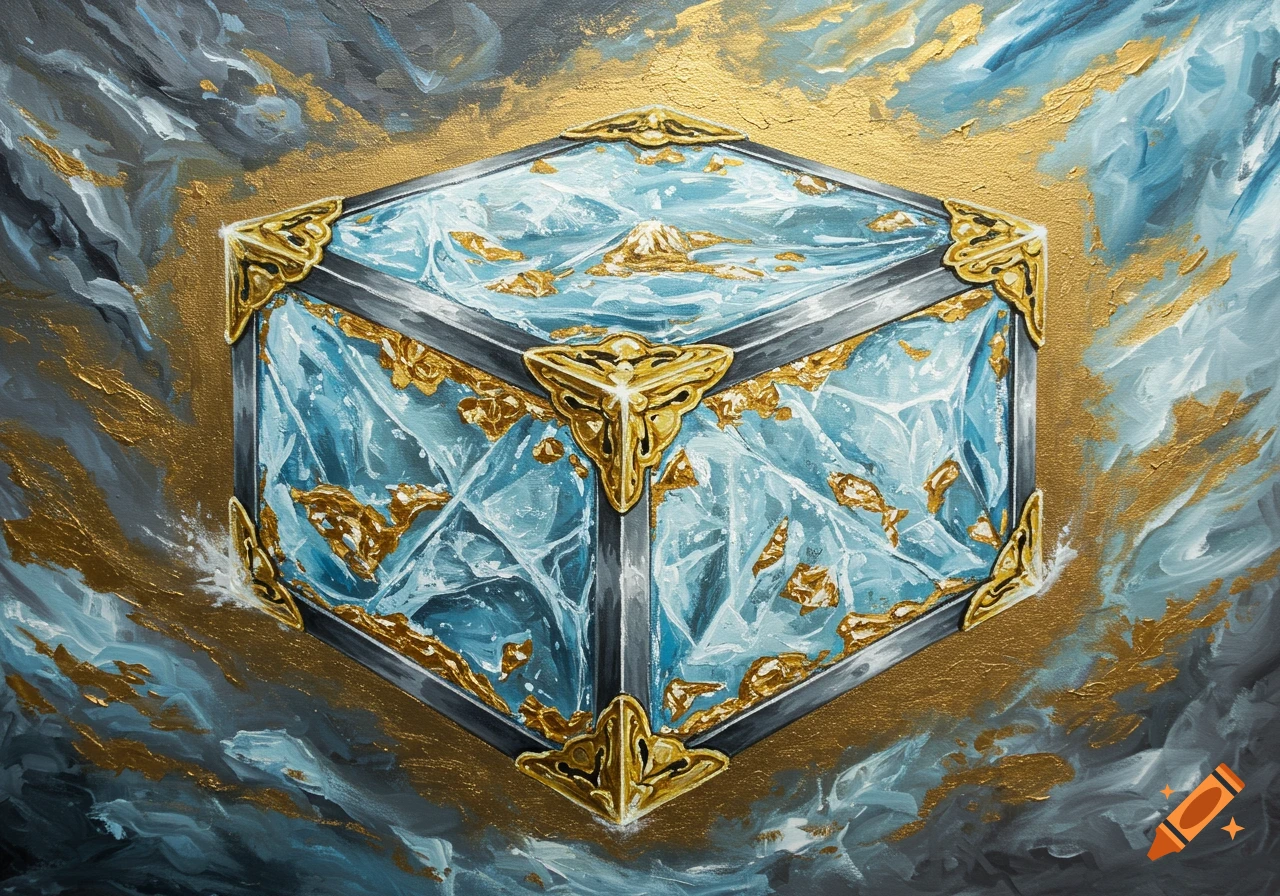 A painting of an ornate cubic box made of blue ice, gold ornamentation, and dark steel, set against a swirling blue and gold background.