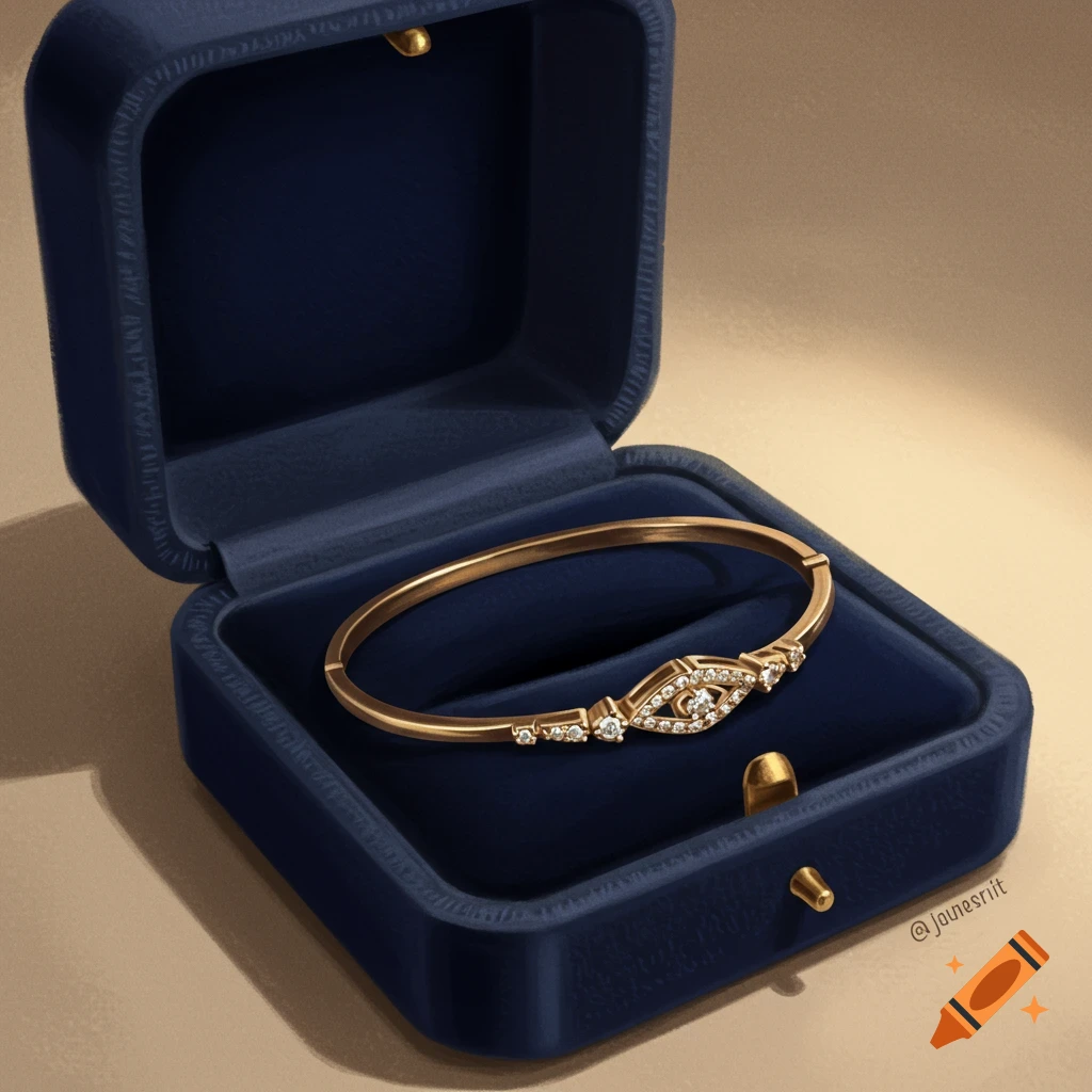 A golden bracelet with diamonds resting inside an open, dark blue velvet jewelry box.