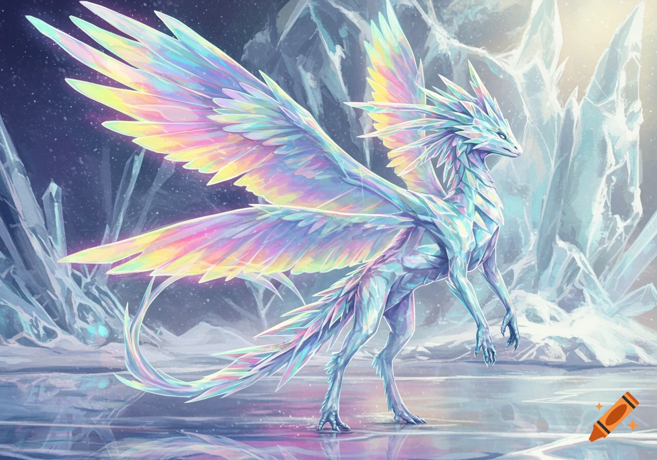 A majestic iridescent crystal dragon with shimmering rainbow wings stands in an icy cave.