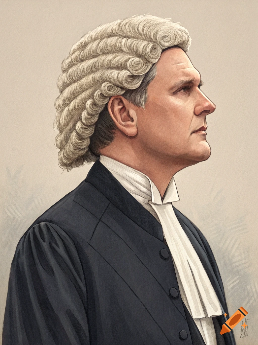 Profile illustration of a man wearing a white curly judge's wig and black robes.