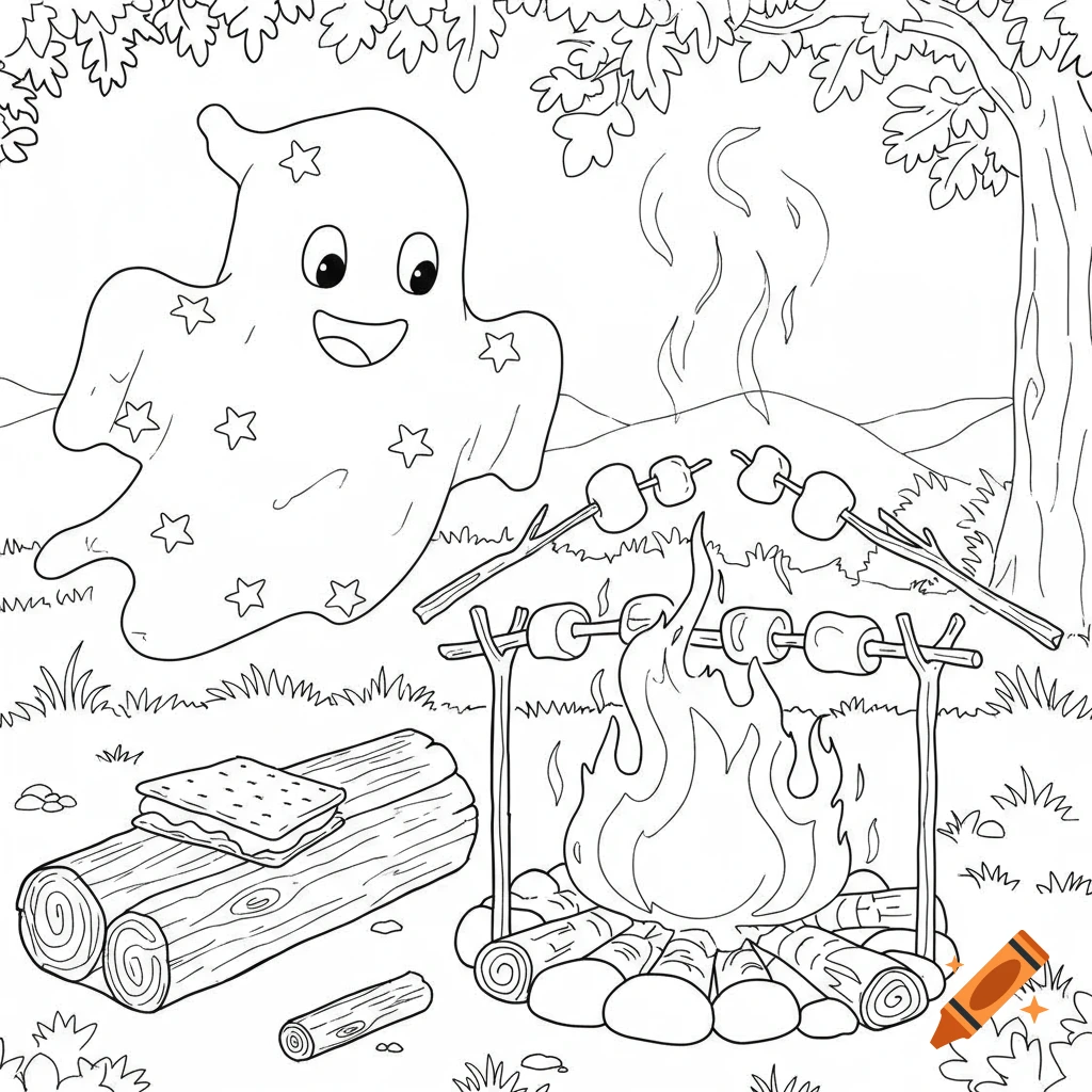 A black and white coloring page featuring a smiling ghost by a campfire, roasting marshmallows, with a s'more on a log.