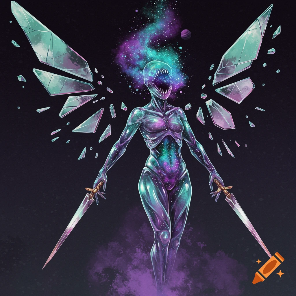 A surreal cosmic creature with a translucent, glass-like body, jagged ...