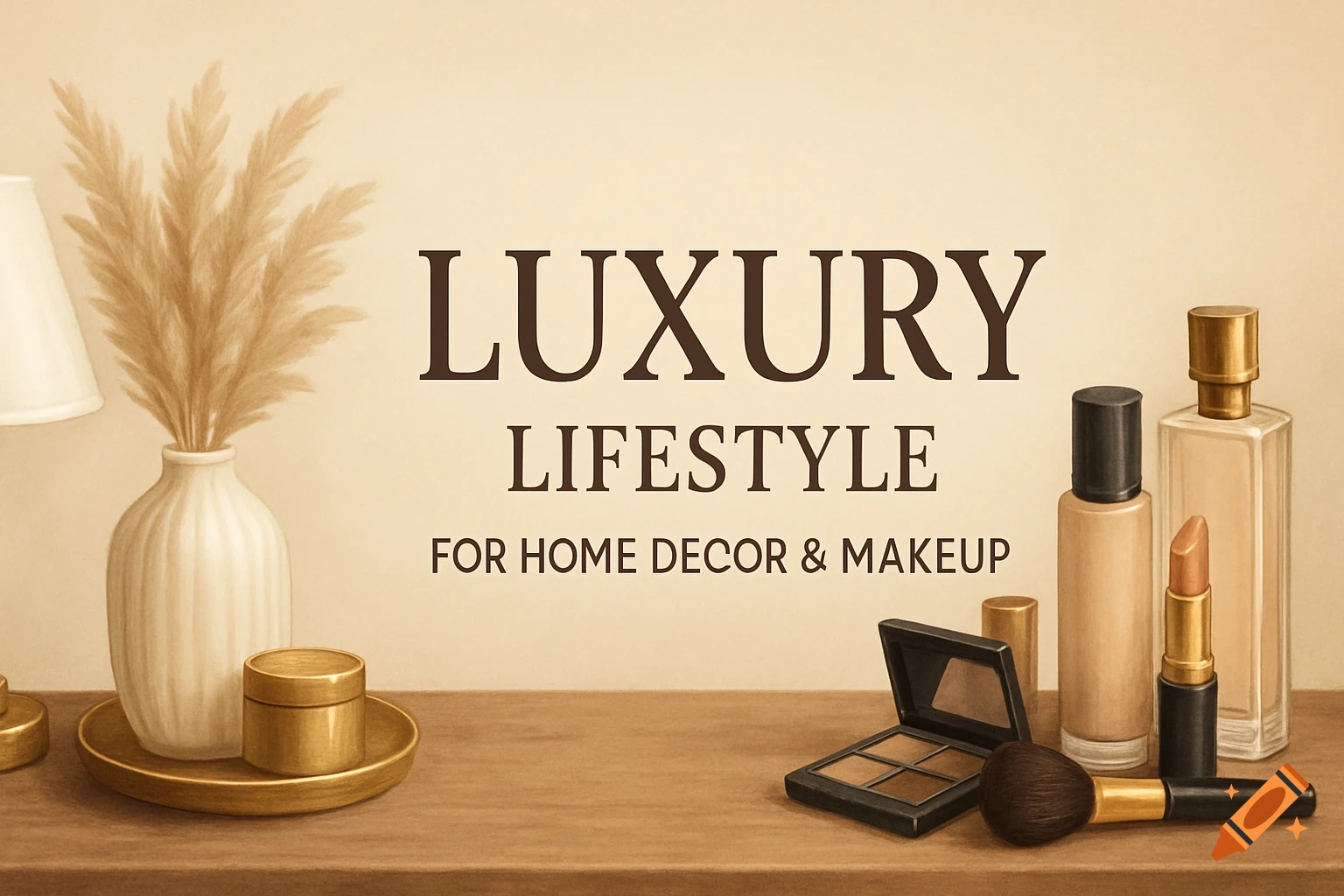 A digital illustration of luxury home decor and makeup items on a wooden surface with text 'LUXURY LIFESTYLE FOR HOME DECOR & MAKEUP'.