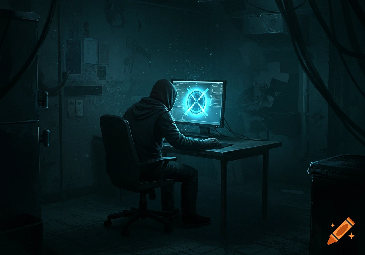 A hooded figure sits in a dark, gritty room, illuminated by the glowing blue screen of a desktop computer showing abstract code.