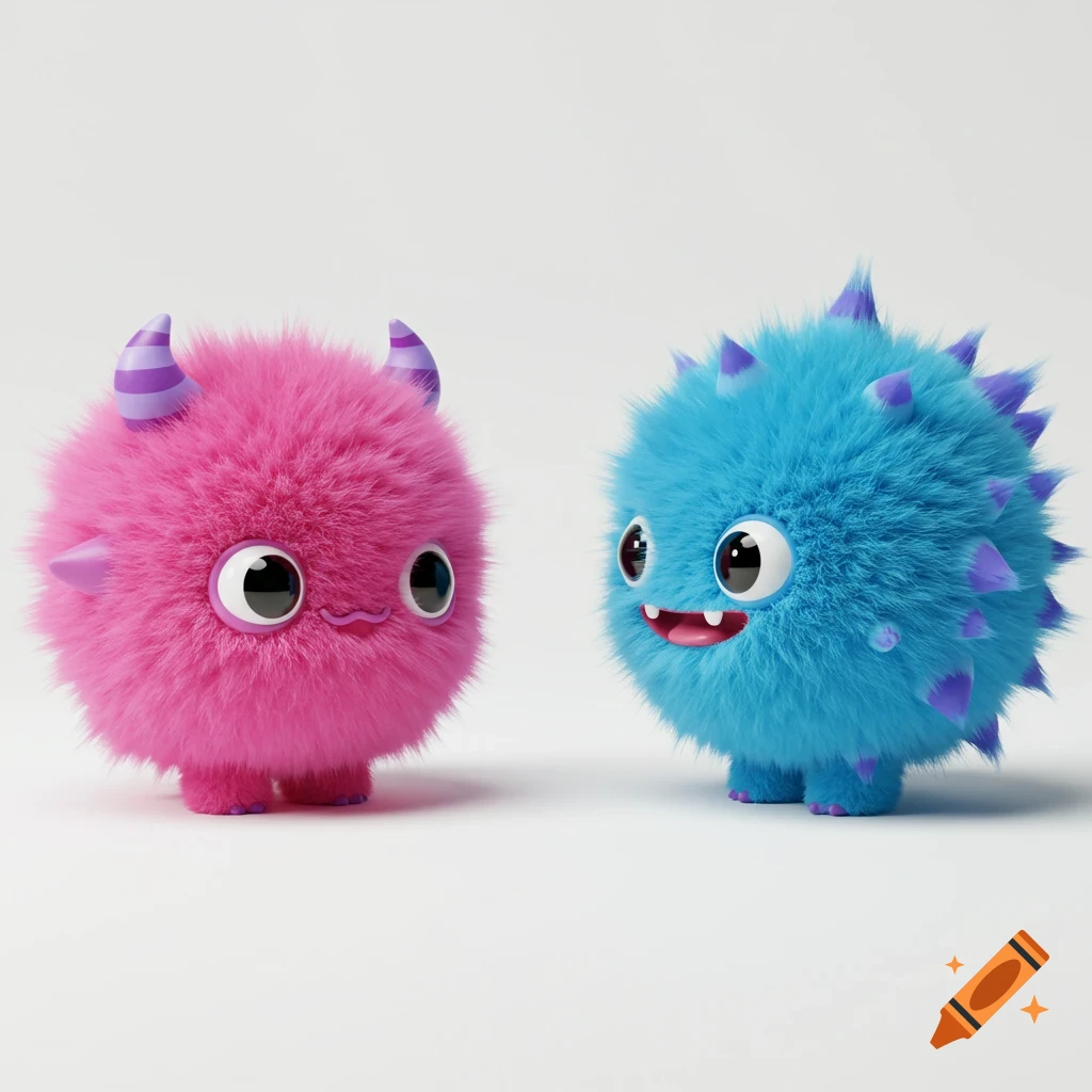 Two fluffy monsters, one pink and one blue, in a cute cartoon style.