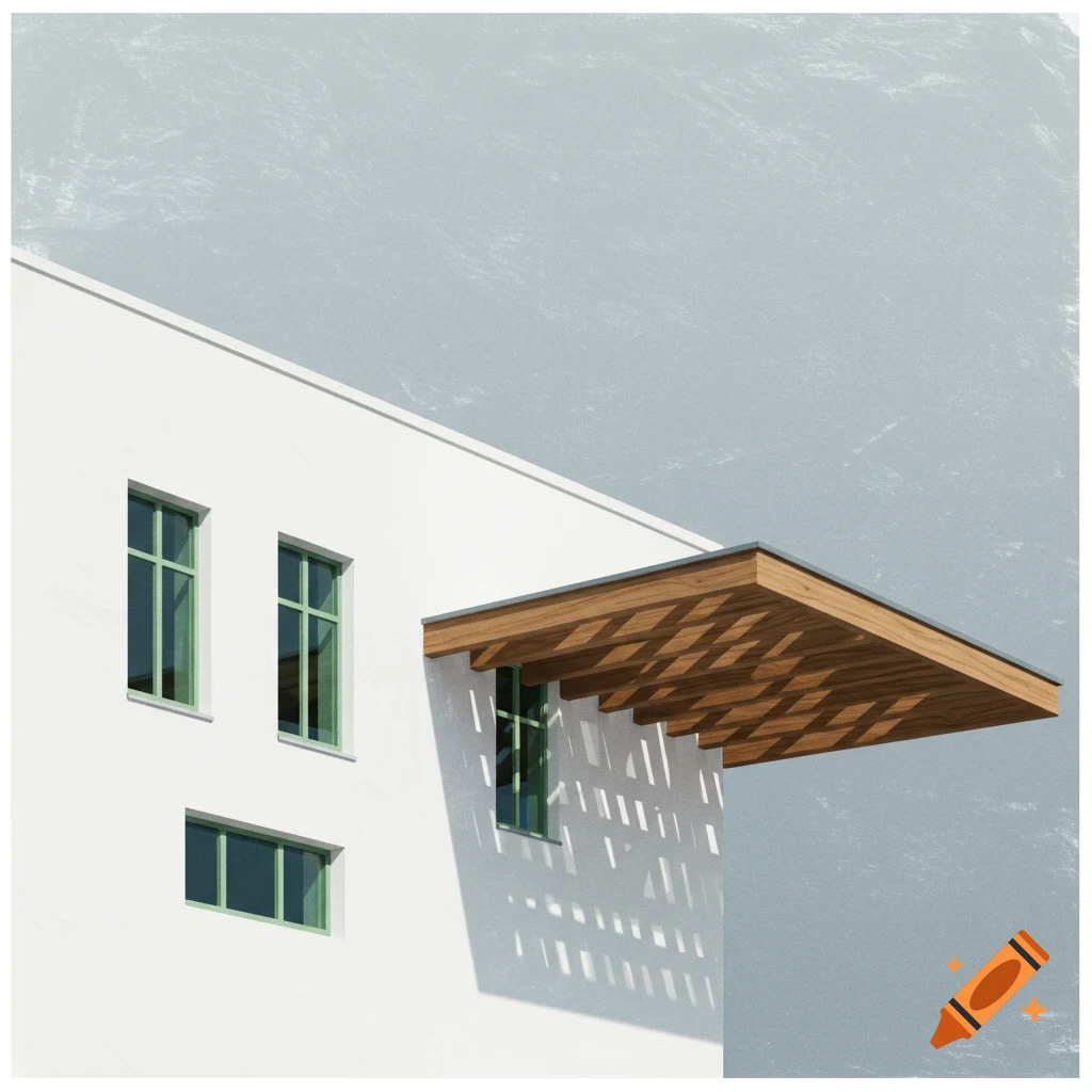 Minimalist white building with sage green windows and a wooden floating canopy casting patterned shadows.