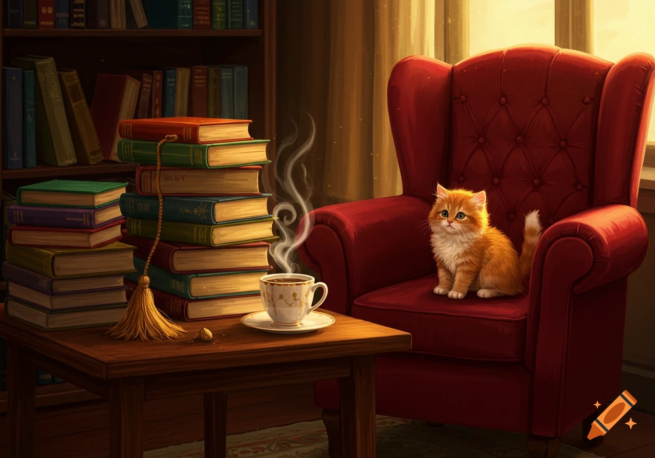 A fluffy orange kitten sits on a red armchair next to a table with a steaming coffee cup and a stack of books in a cozy library setting.