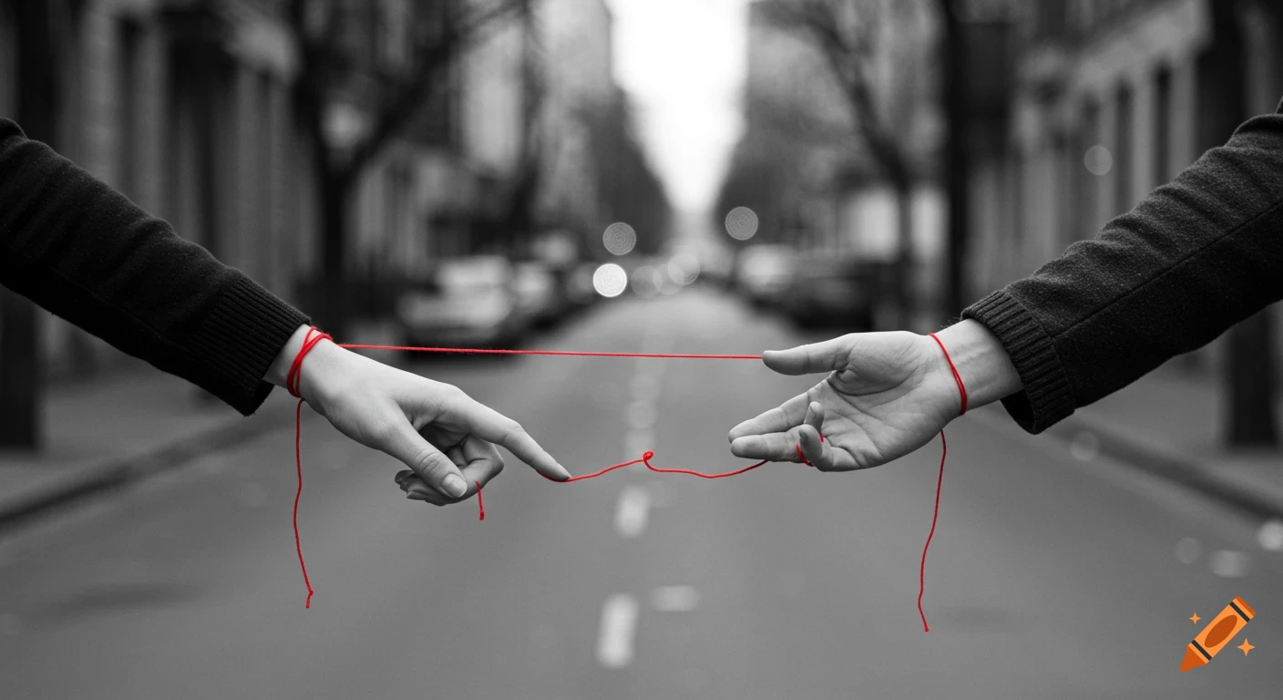 A black and white photograph of two hands, one on each side, connected by a vibrant red string across a blurred street background.