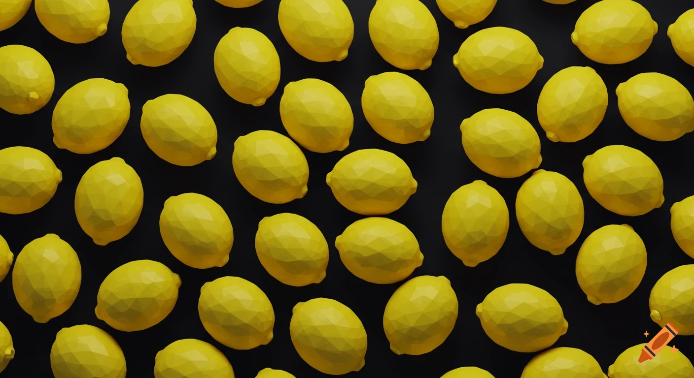Many yellow low-poly lemons scattered on a dark background.