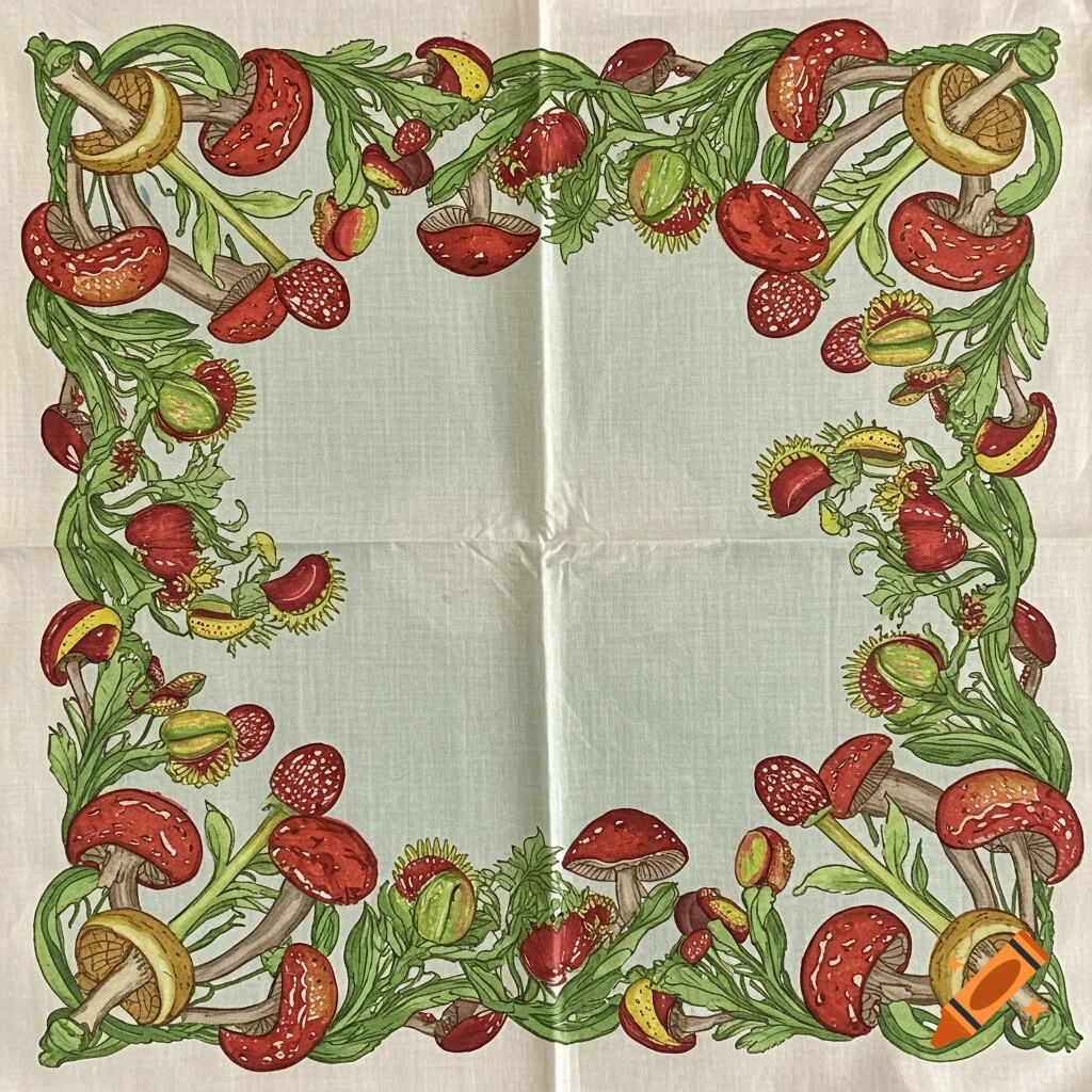 A square handkerchief with a border design of red and yellow mushrooms and green carnivorous plants on a light blue background.