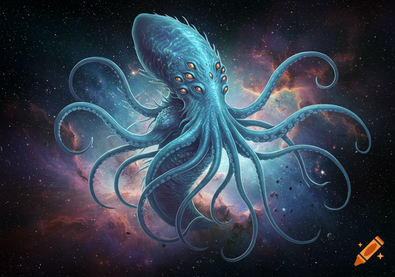 A large, blue, multi-eyed cephalopod creature with tentacles floats in outer space amidst swirling nebulae and distant stars.