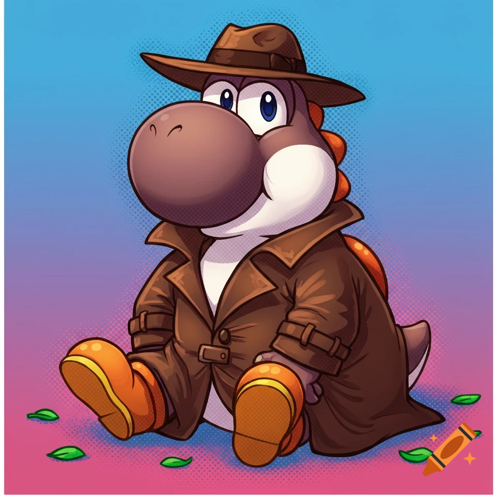 A cartoon dark brown Yoshi wearing a trench coat and fedora sits on the ground with scattered green leaves on a blue and pink gradient background.