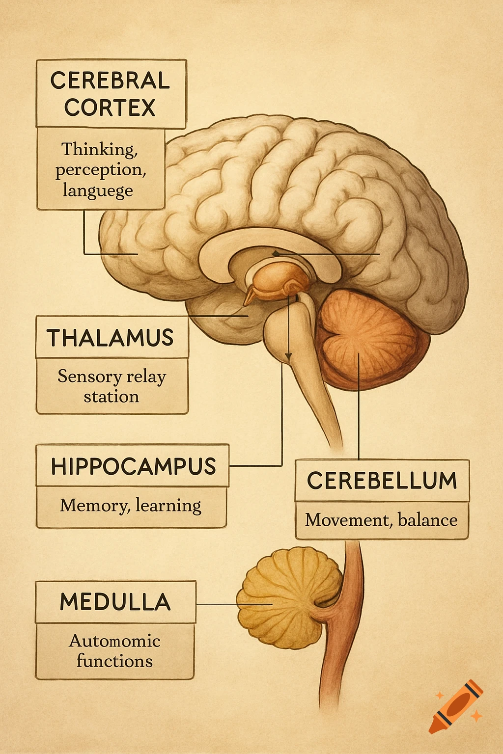 Anatomy diagram of a human brain showing the Cerebral Cortex, Thalamus, Hippocampus, Cerebellum, and Medulla, with their functions.