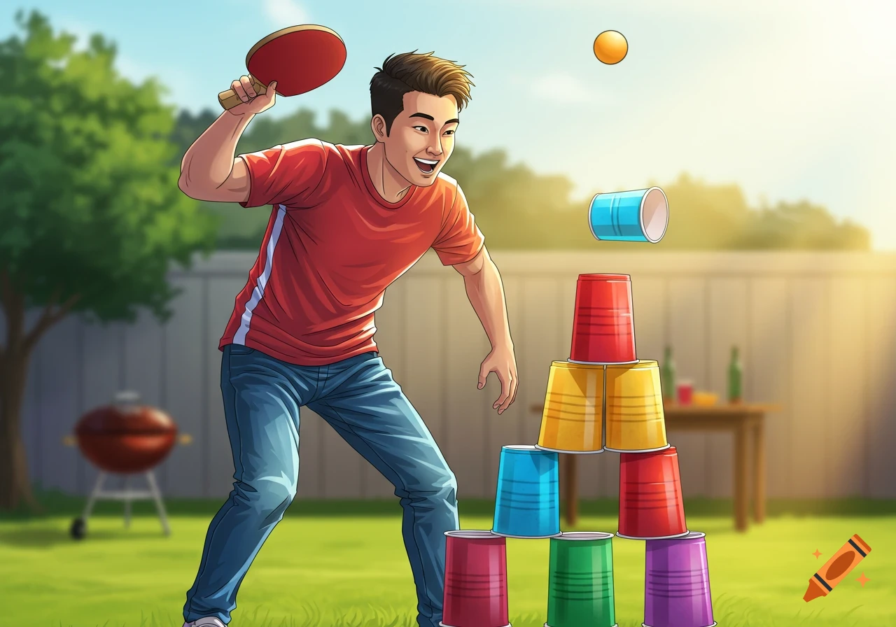 An illustration of a man in a red shirt playing a game outdoors, holding a ping pong paddle and throwing a ball towards a pyramid of colorful cups.