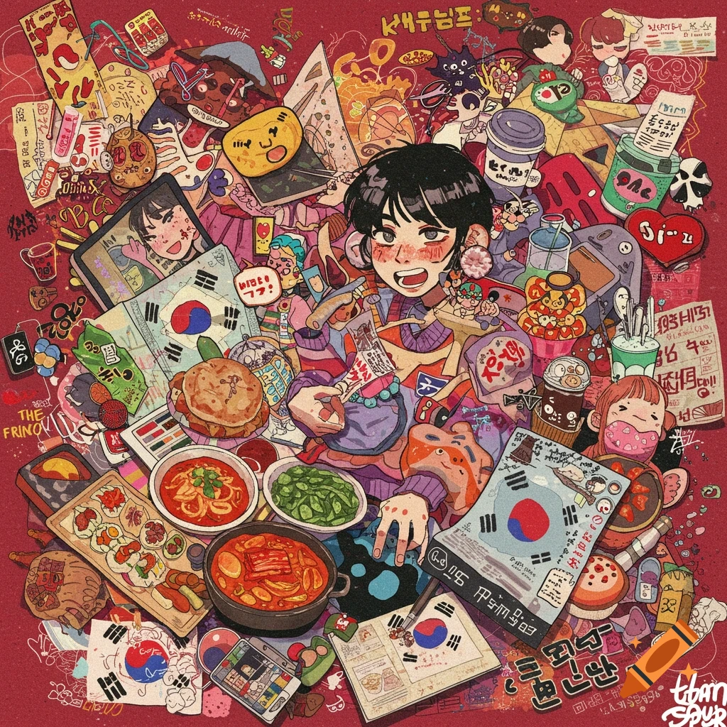 A vibrant, maximalist illustration depicting a central character surrounded by various Korean cultural elements, including food, flags, and other items in a red background.