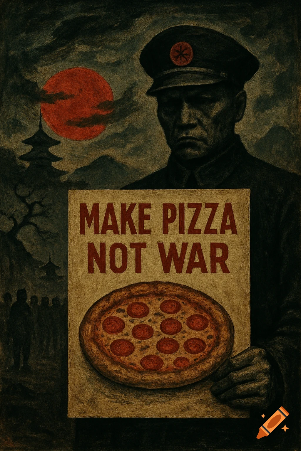 Dark, surreal propaganda art: a stern soldier holds a "Make Pizza Not War" poster with a pizza, red sun and pagoda in background.