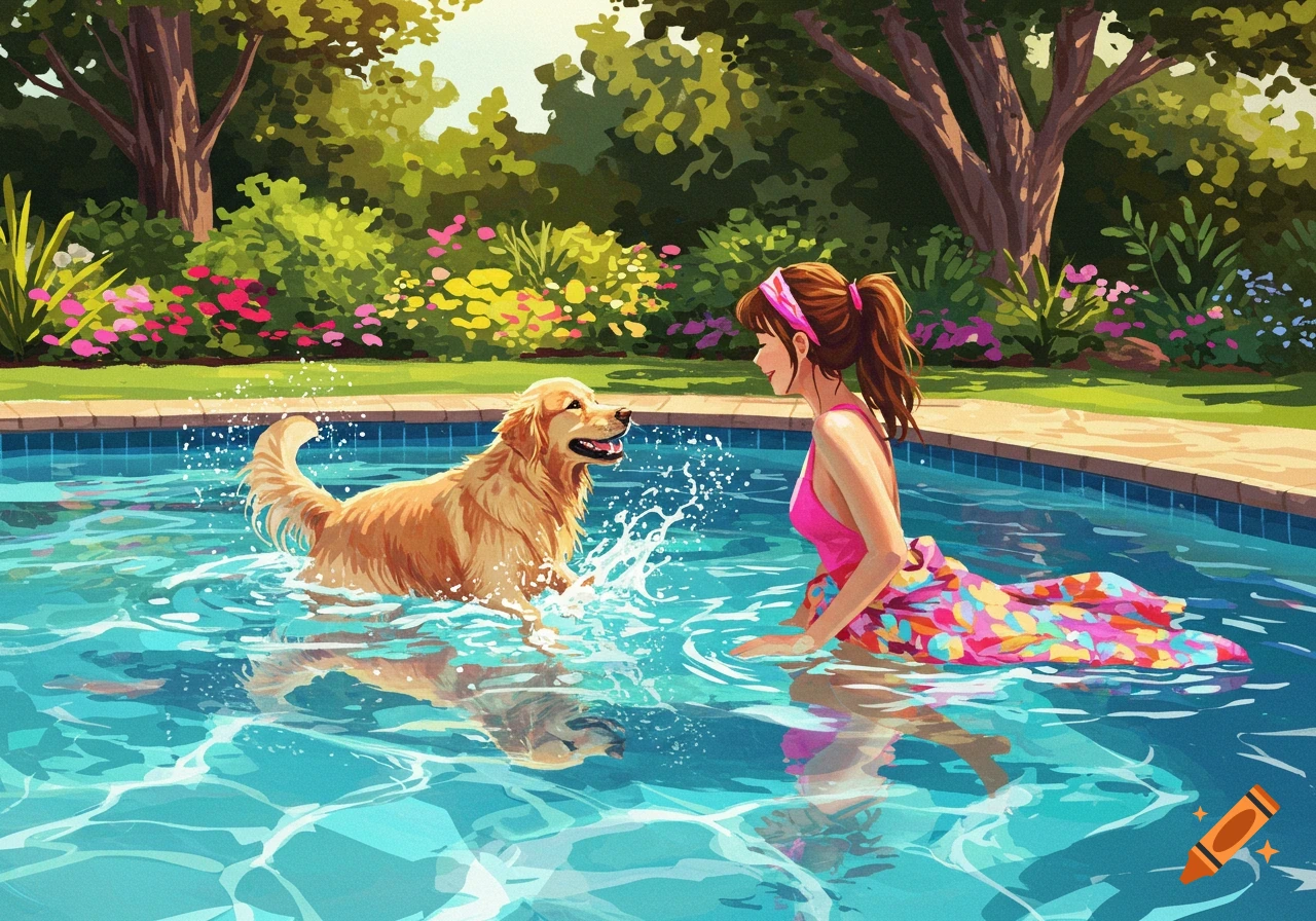 A golden retriever splashes in a swimming pool next to a woman in a ...