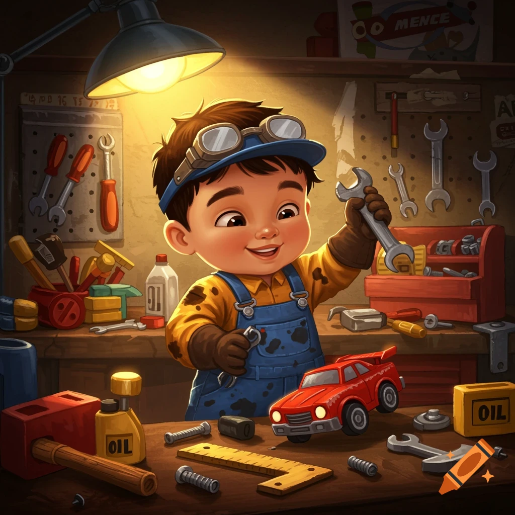 A cute cartoon baby mechanic boy in overalls holding wrenches in a brightly lit workshop with tools and a red toy car.