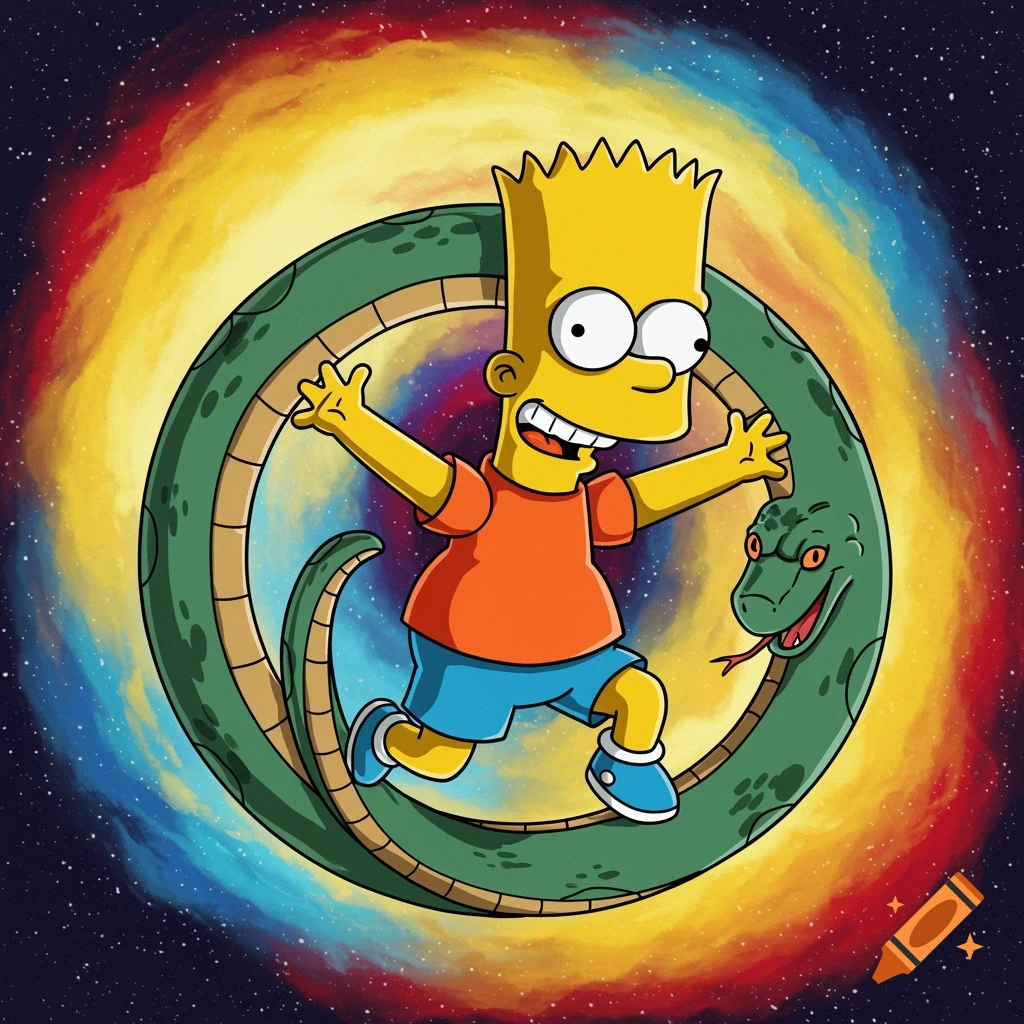 Bart Simpson stands within a green snake forming an ouroboros, set against a vibrant swirling galaxy background.