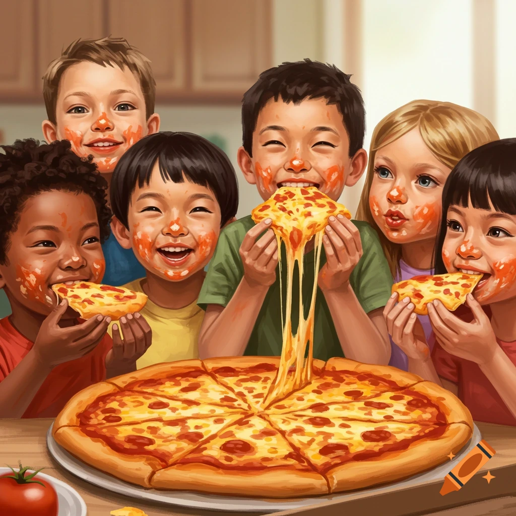 A diverse group of happy children with sauce-smeared faces enthusiastically eating pizza, one pulling a long string of cheese.