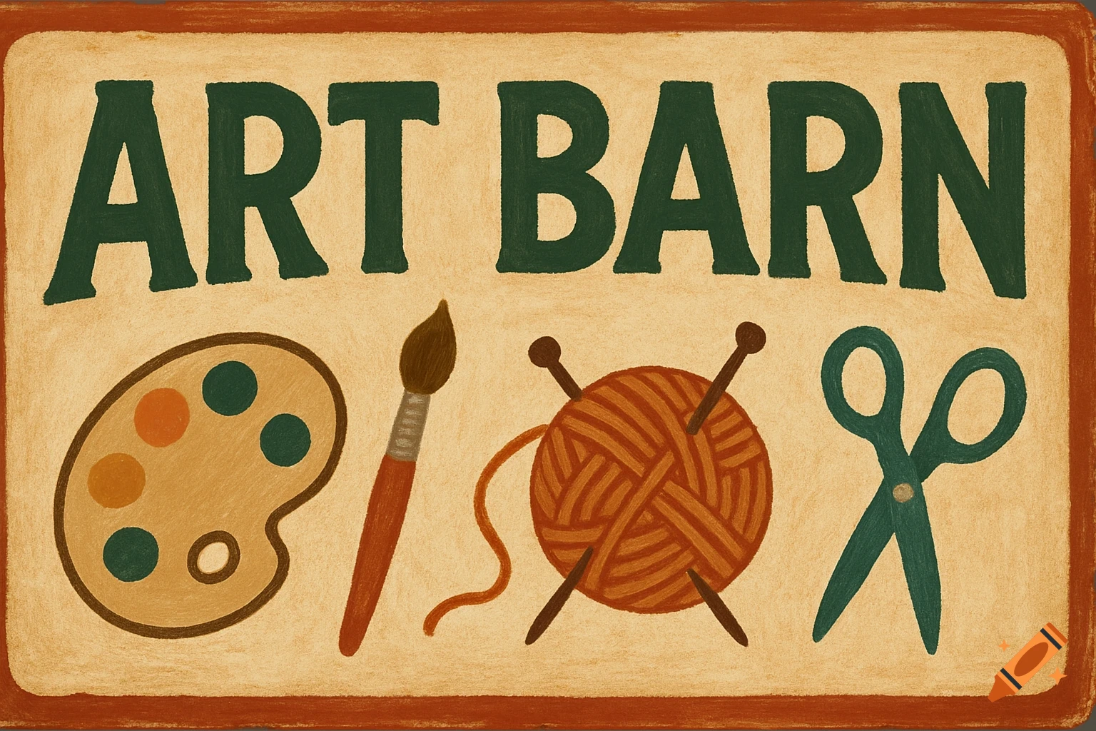 A vintage-style sign for 'ART BARN' featuring a painter's palette, paintbrush, yarn with knitting needles, and scissors.