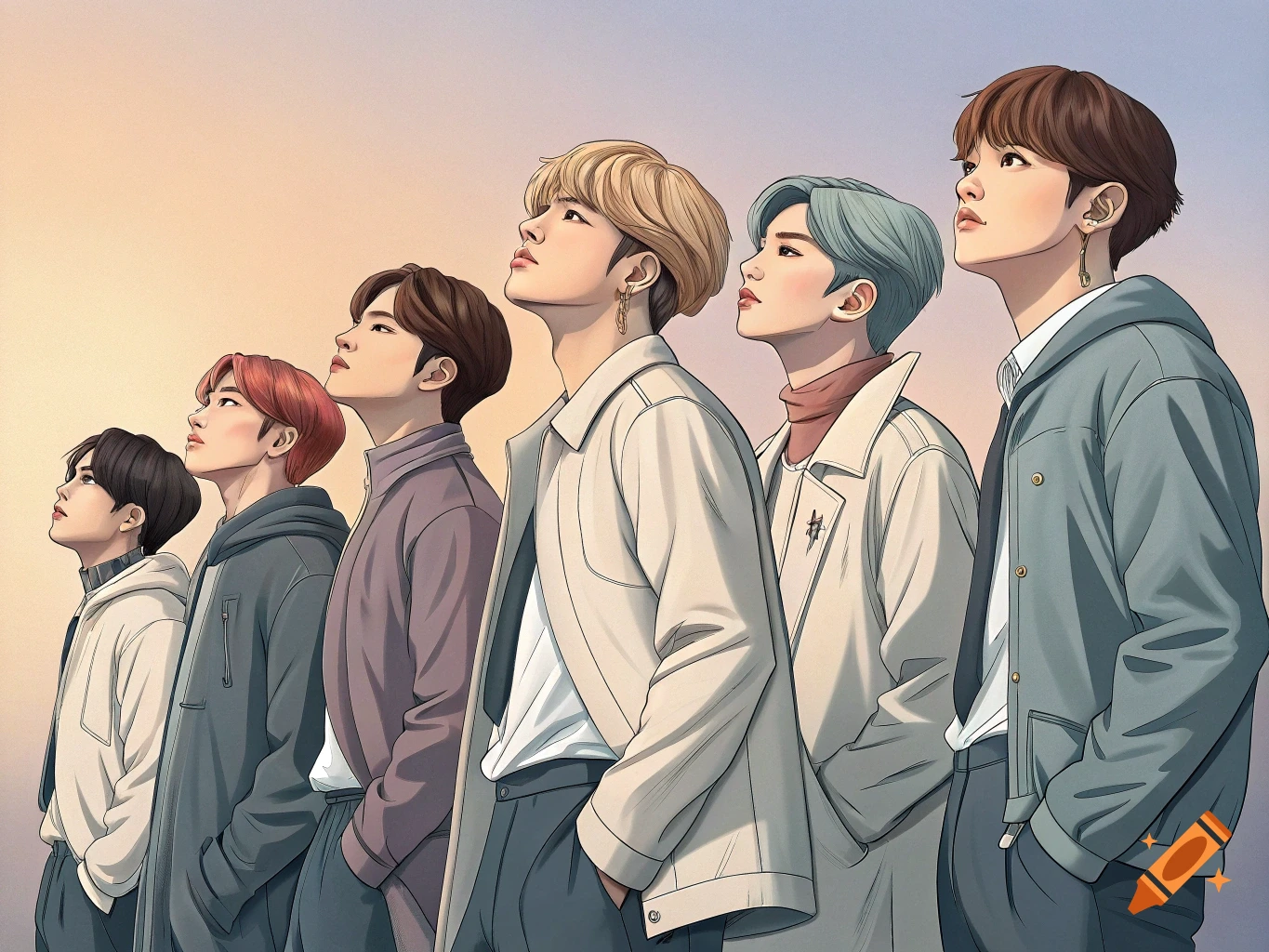 An anime illustration of six young men in casual fashion, standing in a line and looking upwards.
