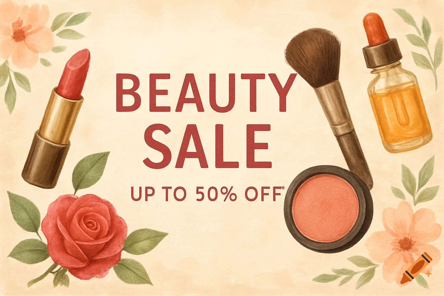 A watercolor illustration of a beauty sale banner with lipstick, makeup brush, serum, blush, and flowers, featuring 'BEAUTY SALE UP TO 50% OFF'.