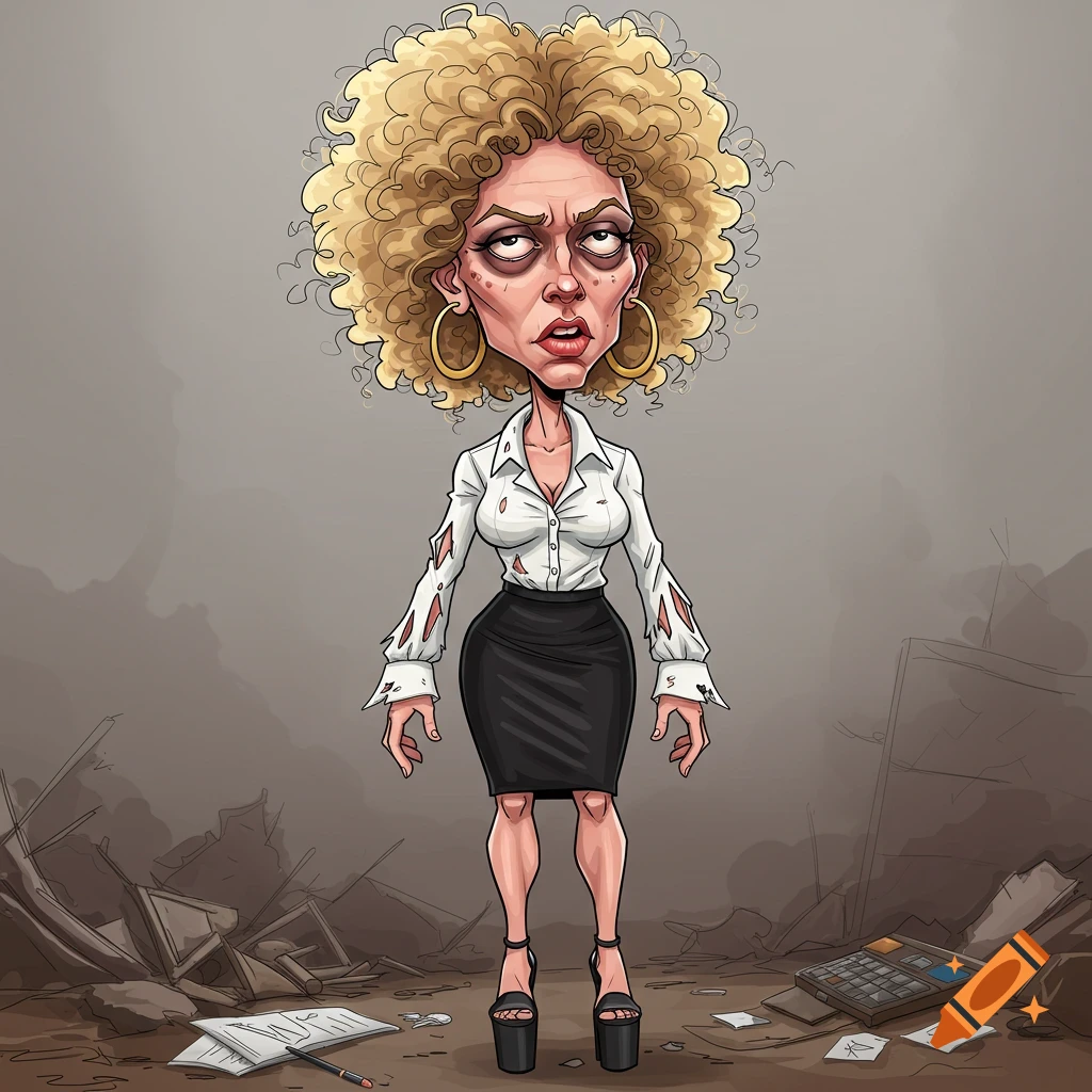 A cartoon caricature of a disheveled business woman with curly blonde hair, ripped clothes, and platform heels, standing in debris.
