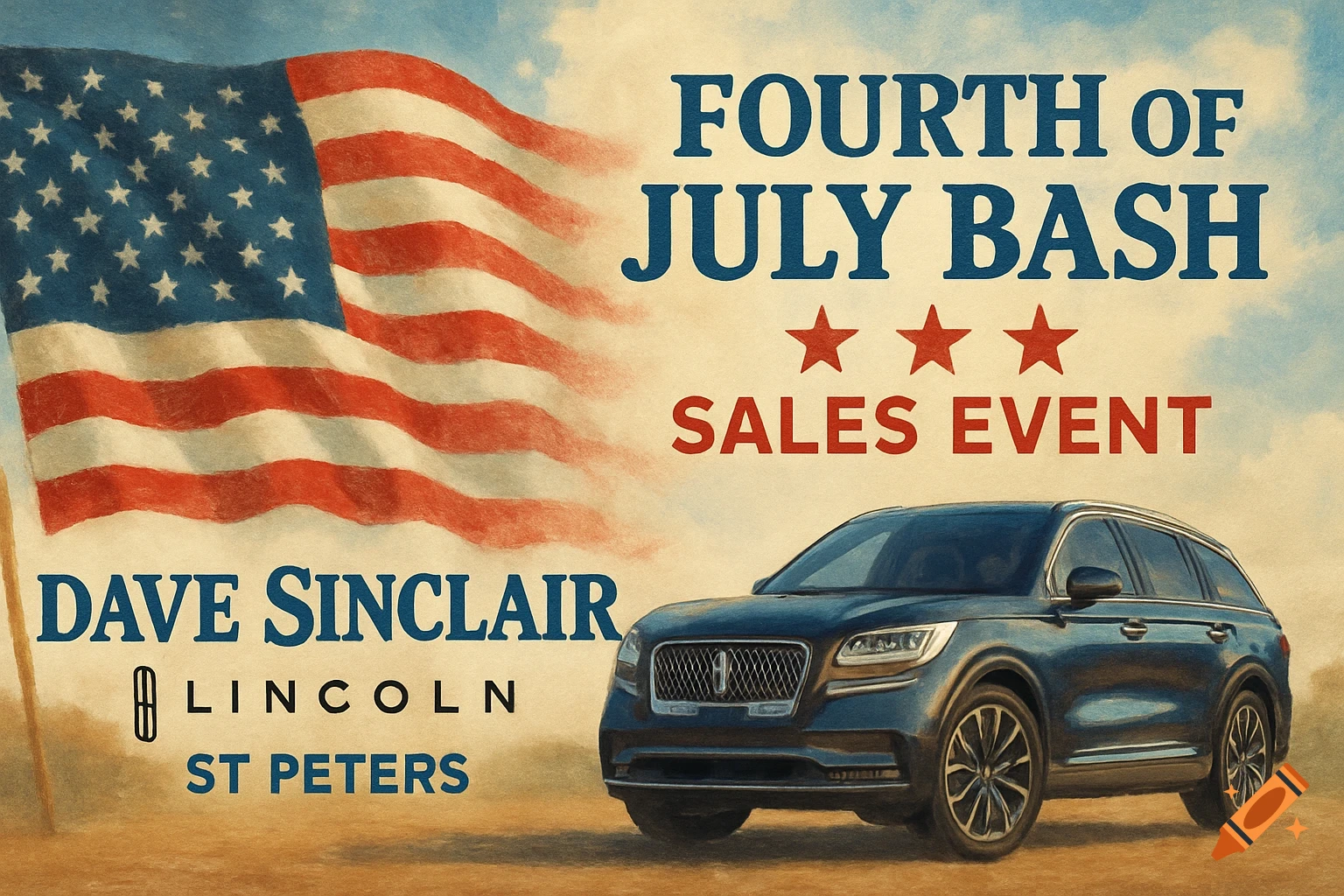 Vintage-style ad for Fourth of July Bash Sales Event featuring an American flag and a dark blue Lincoln SUV.
