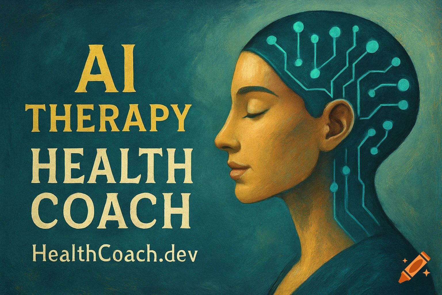 Stylized illustration of a person's head with circuit lines, alongside text 'AI THERAPY HEALTH COACH HealthCoach.dev' on a teal background.