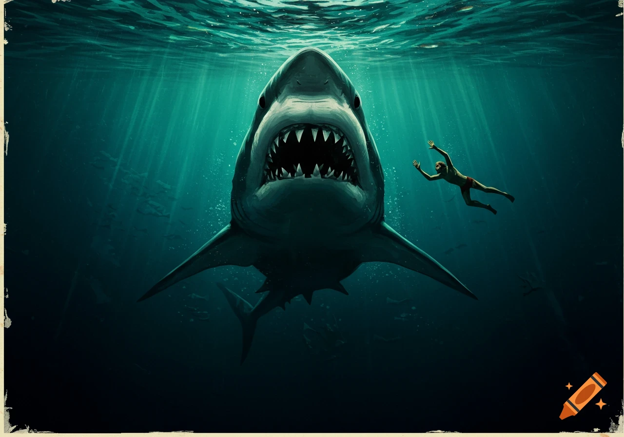 Illustrative movie poster style image of a large shark with open jaws swimming towards a person on the water's surface.