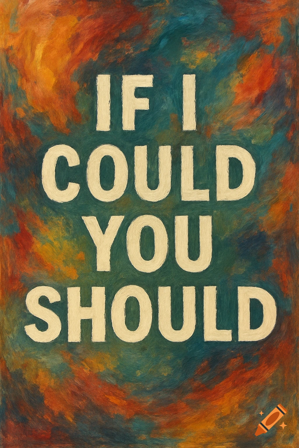Bold white text 'IF I COULD YOU SHOULD' on a vibrant, abstract background with swirling colors in orange, red, teal, and blue, in a painterly style.