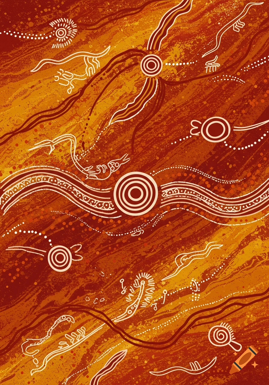 Vibrant Aboriginal-style abstract art with white lines and dots on a textured background of red, orange, and yellow hues.