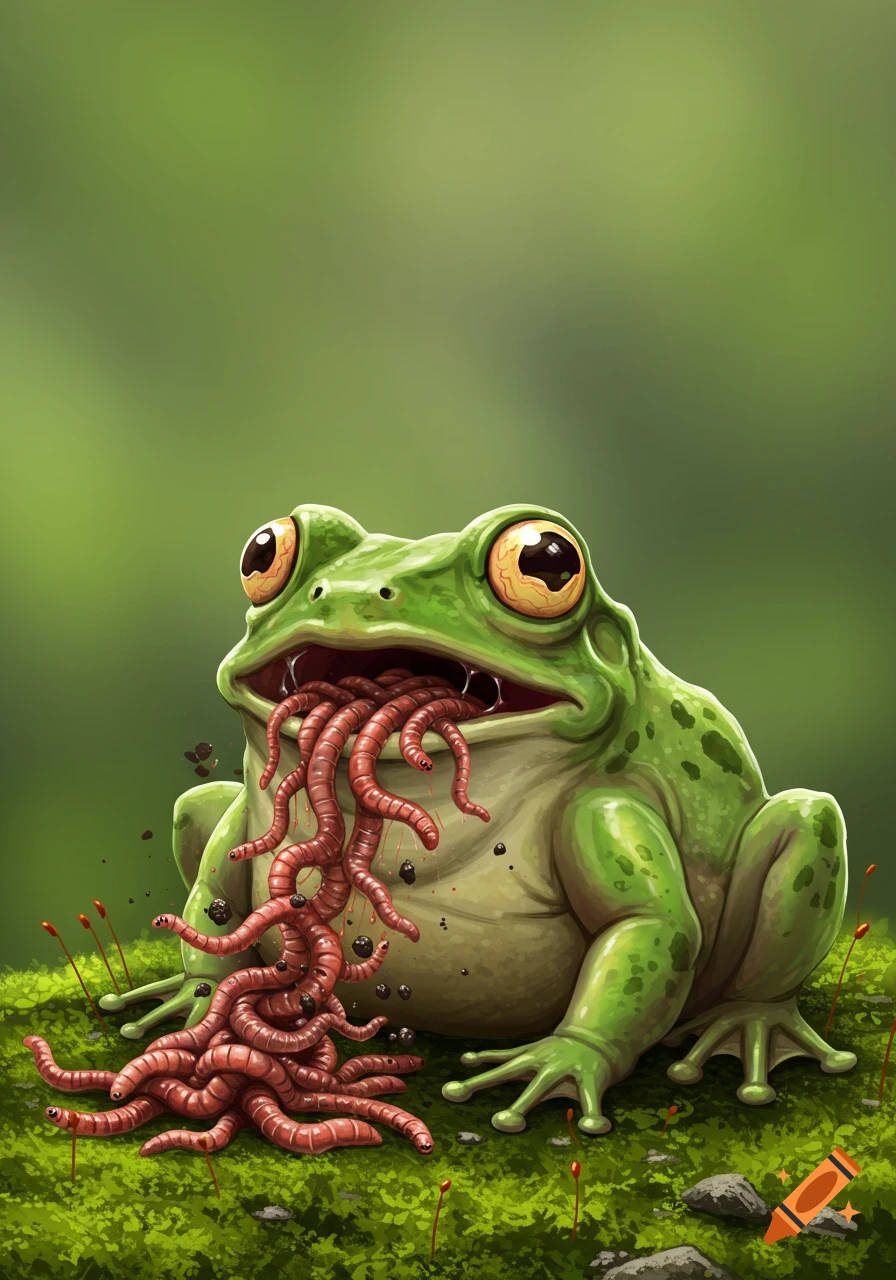 Cartoon illustration of a bright green frog puking up a pile of red worms onto mossy ground with a green blurred background.