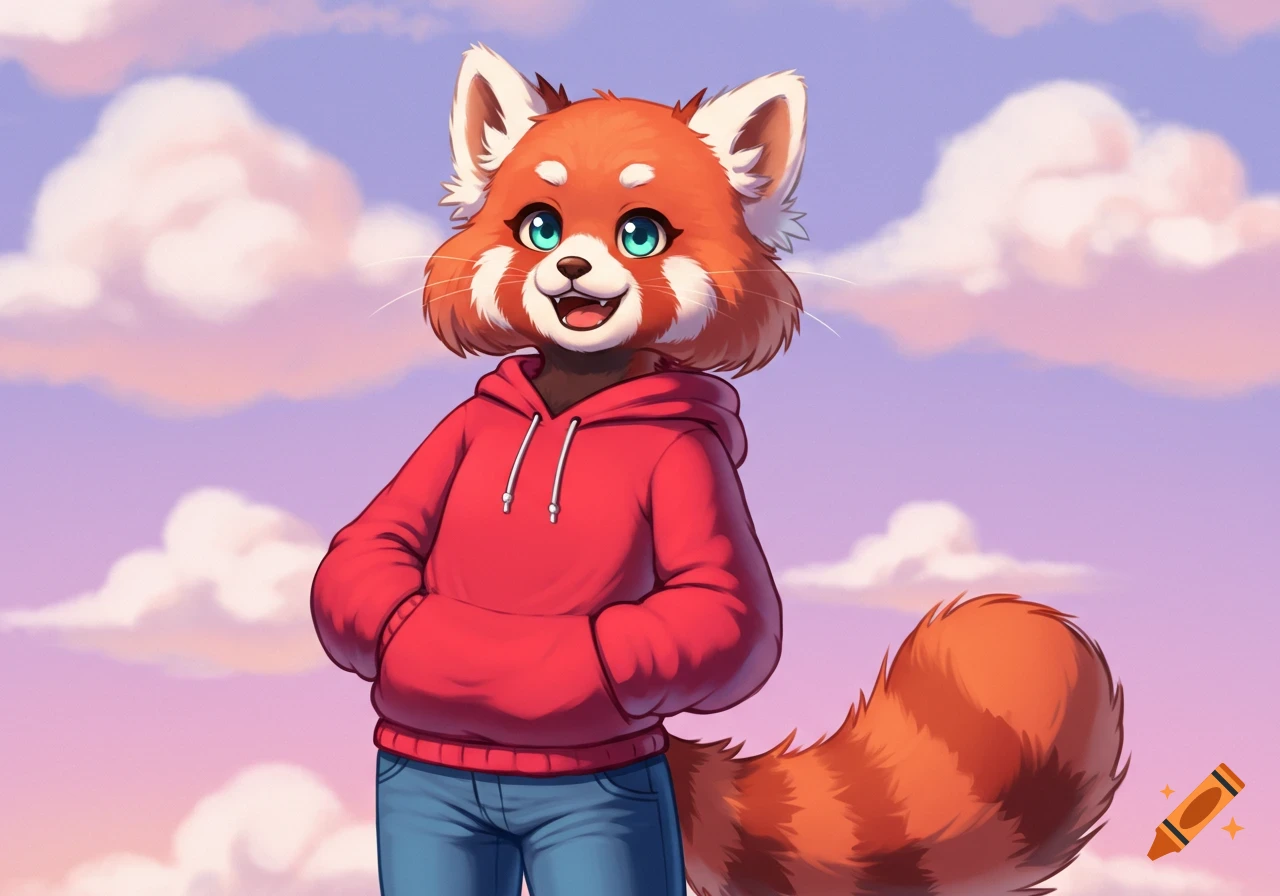 An anthropomorphic red panda in a red hoodie and jeans stands under a pastel sky with clouds, in a cheerful anime style.