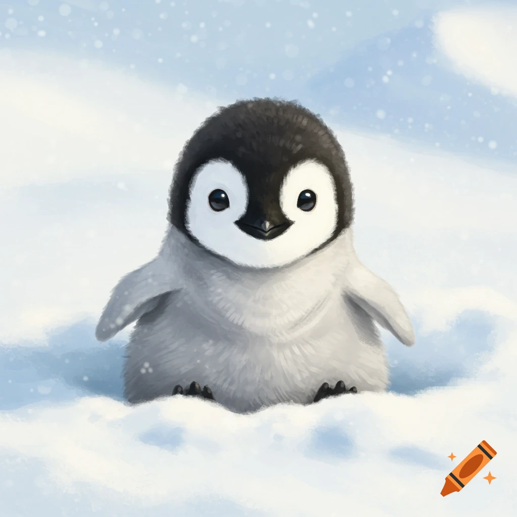 A cute baby penguin with black and white fur sitting in fluffy white snow, with light snow falling.