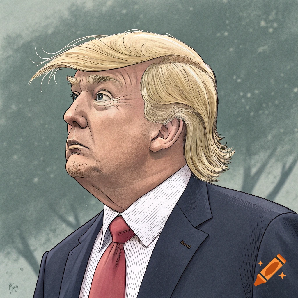 A colorful caricature of Donald Trump in profile, looking up and to the left, with his signature blond hair and a red tie.