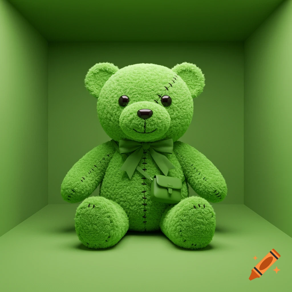 A plush green teddy bear with a green bow tie and small shoulder bag sits in a green room.