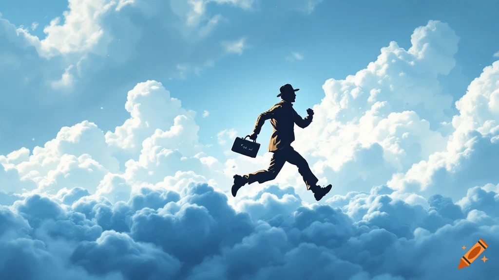 A silhouette of a man in a hat and suit holding a briefcase, running across a sky filled with fluffy white and blue clouds.