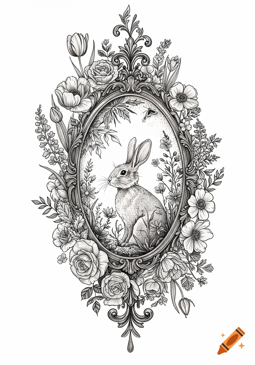 A detailed black and white sketch of a bunny sitting in an oval vintage frame adorned with abundant flowers and foliage.