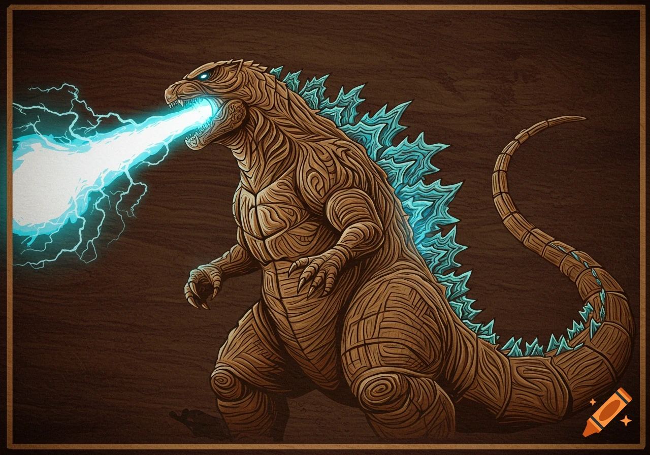 Stylized illustration of Godzilla, depicted with wooden lines, breathing a bright blue atomic breath against a dark background.