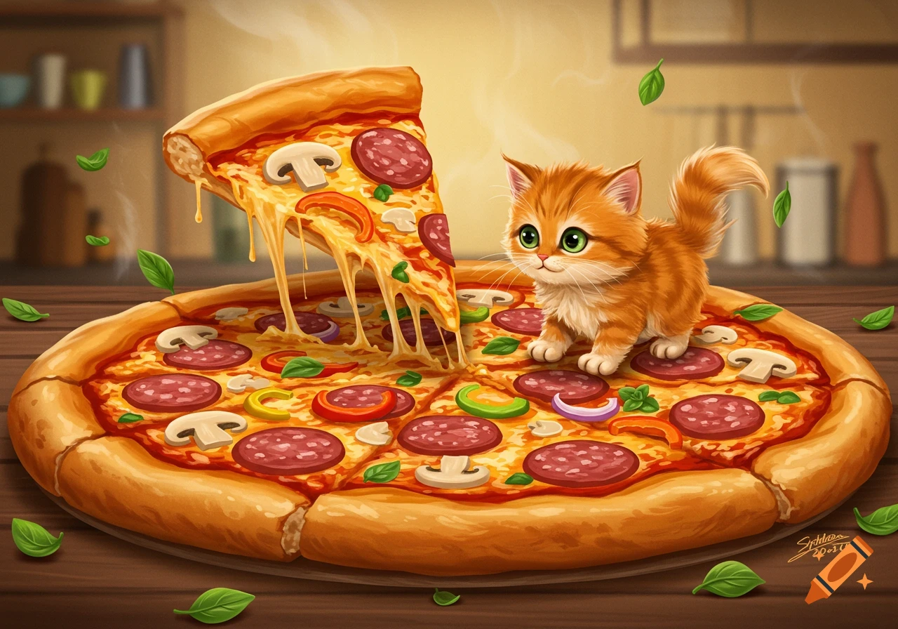 A cute orange kitten stands on a large, cheesy pizza with pepperoni, mushrooms, and peppers; a slice is lifted with dripping cheese. Illustrated style.