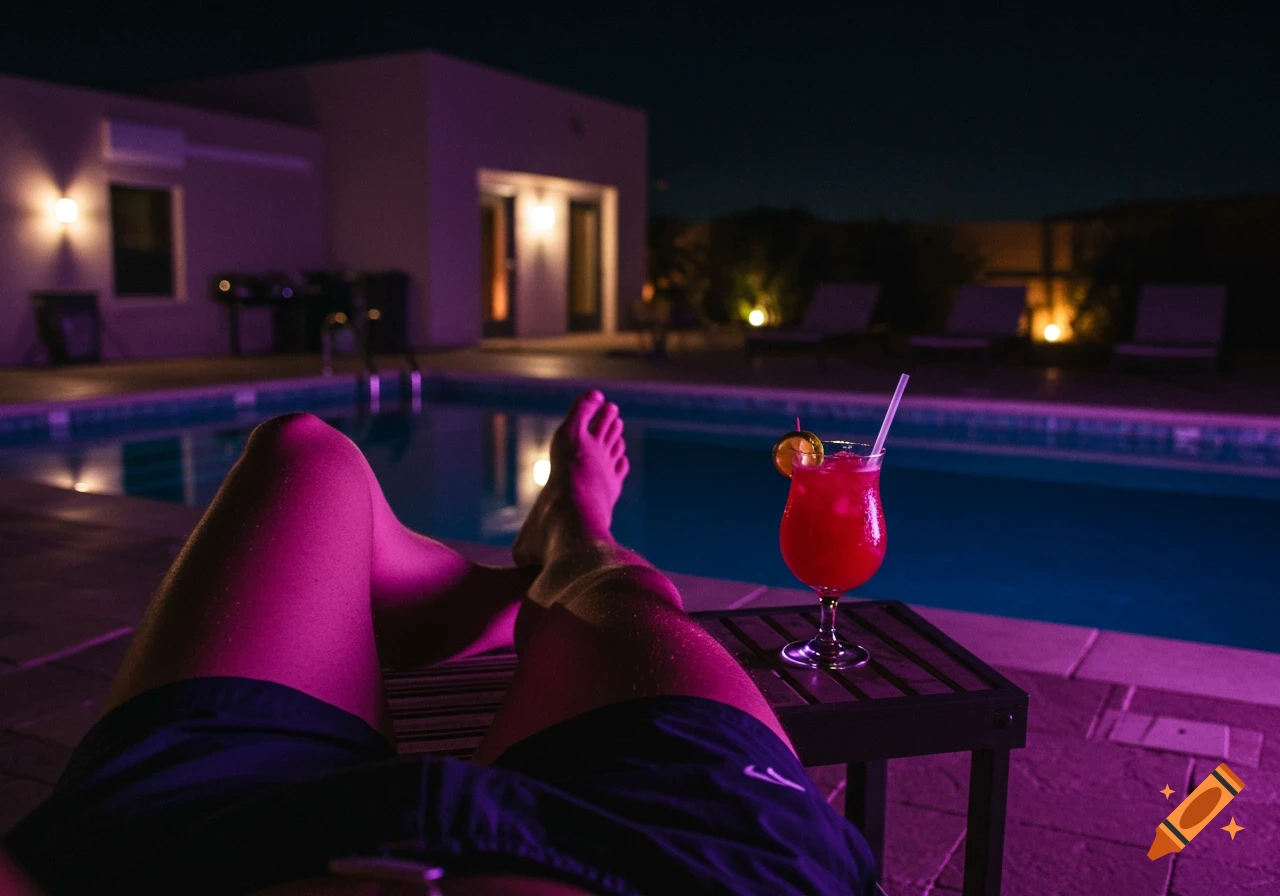 Low-angle shot of a person's legs relaxing by a purple-lit swimming pool at night, with a red cocktail on a side table.
