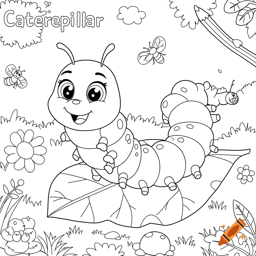 Black and white cartoon coloring page showing a happy caterpillar on a leaf with bees and flowers.