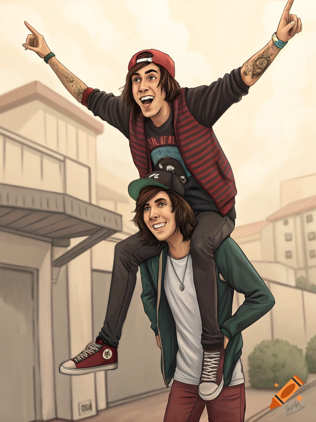 Illustration of one young man giving another a piggyback ride on a street, both smiling.