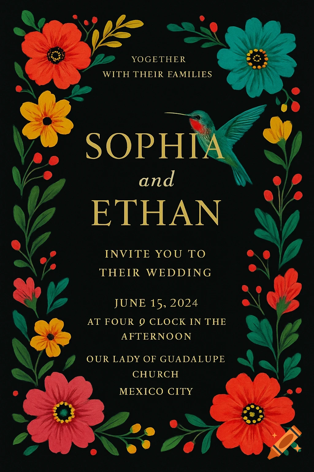 Wedding invitation with a black background framed by colorful Mexican-themed flowers and leaves, and a hummingbird. Gold text includes names, date, time, and location.