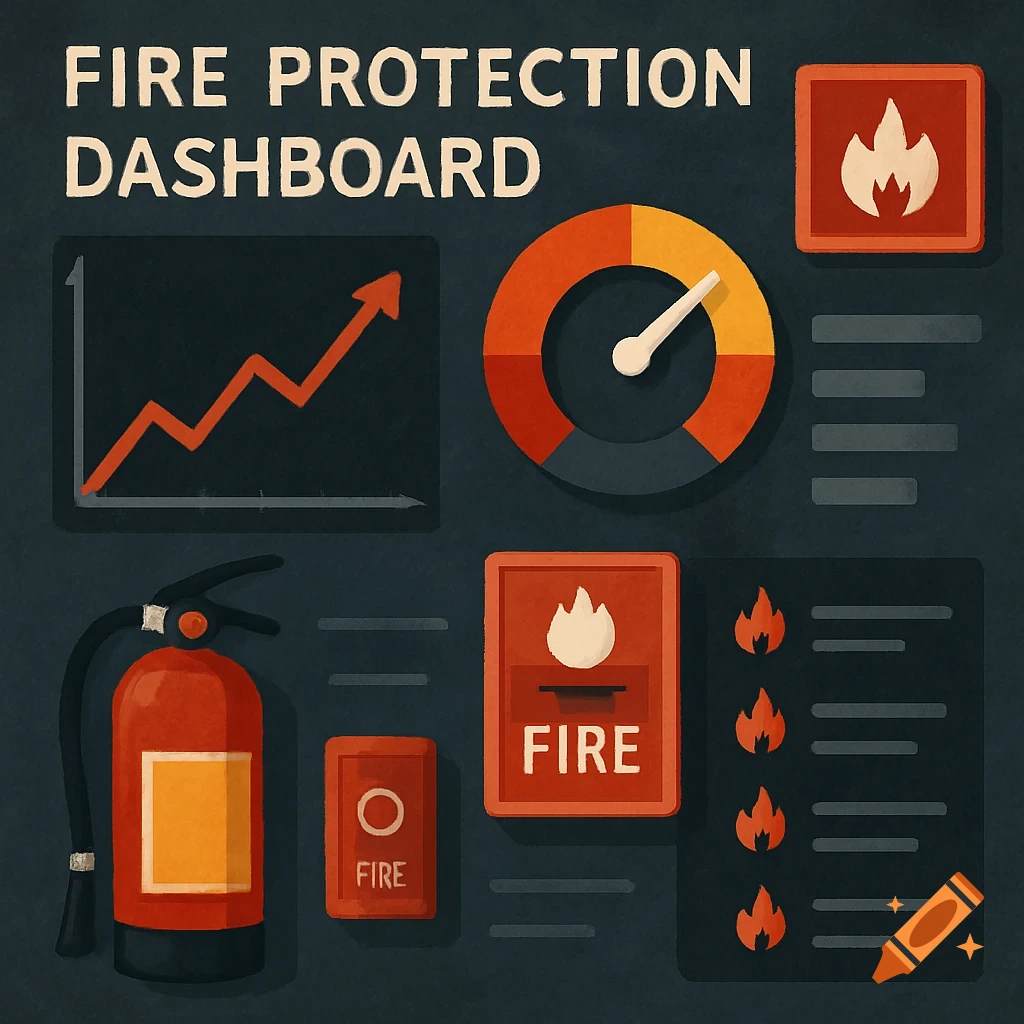 An illustrated fire protection dashboard with a graph, gauge, fire extinguisher, and various fire icons and labels.