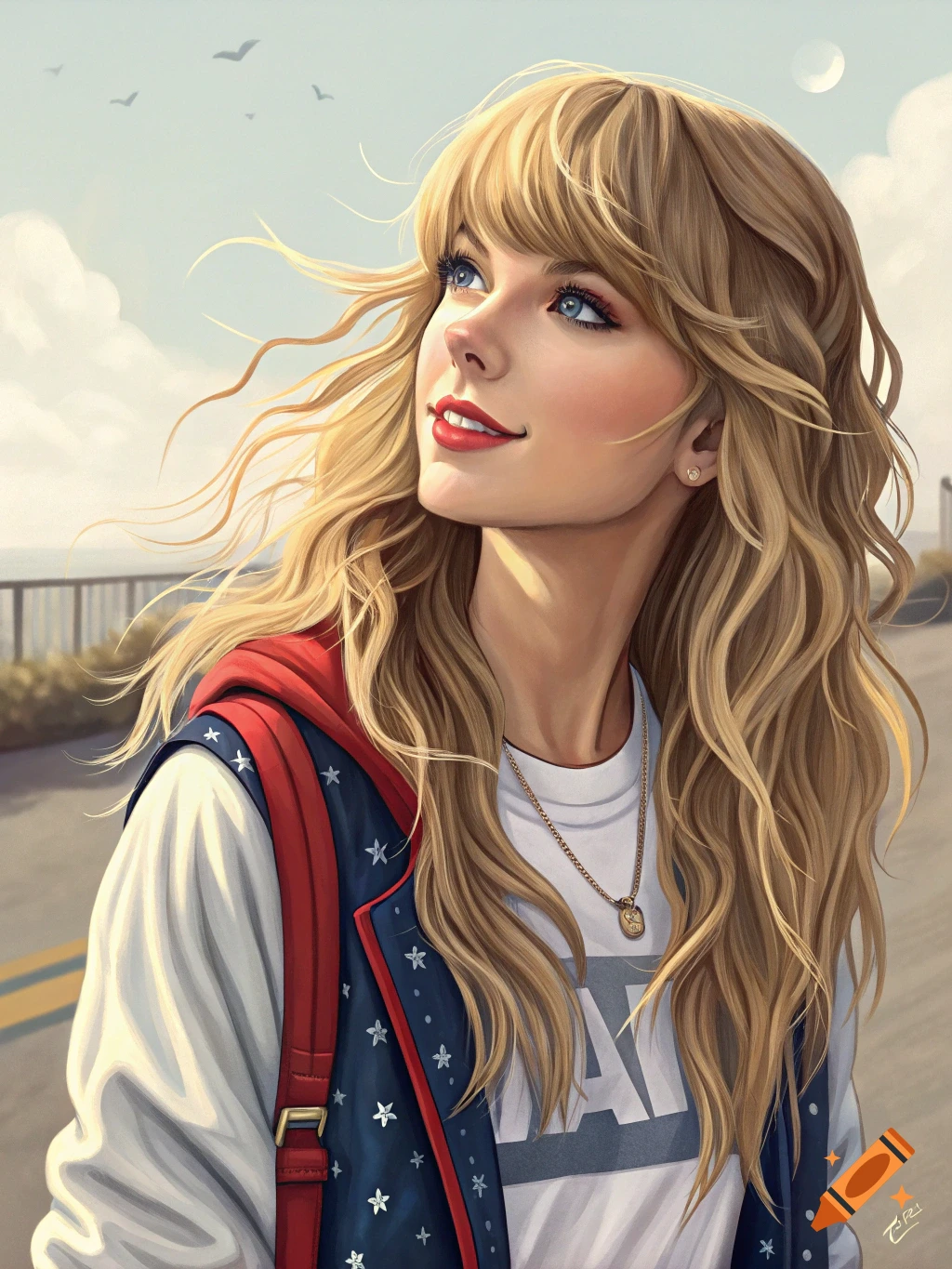Illustrated portrait of blonde woman (Taylor Swift) with blue eyes, red lips, wearing a star-spangled vest and red backpack, wind in her hair, looking up.