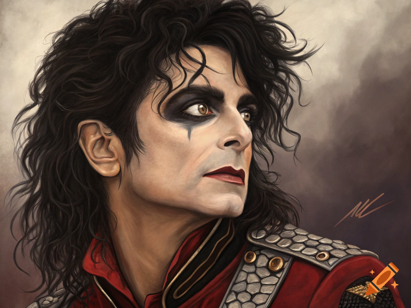 Digital painting of a man resembling Michael Jackson with Alice Cooper makeup, wearing a red military-style jacket.