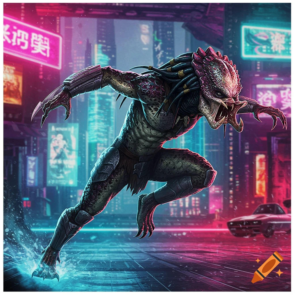 A Predator-like creature sprints through a futuristic cyberpunk city street lit by neon signs, with a car in the background. Stylized digital art.